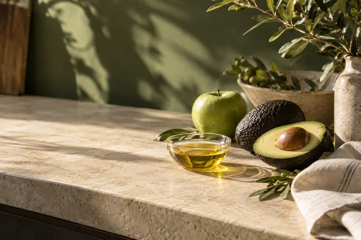 Aguacate, manzana, aceite e ingredientes bajo luz natural
