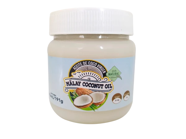 Aceite de coco virgen Malay en frasco, fotografía original de Importfoods